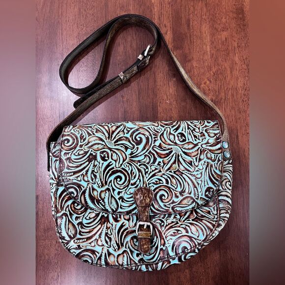 Patricia Nash Rosolini Tooled Leather Saddle Bag Turquoise Brown Crossbody Boho - Picture 8 of 16